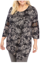 New Directions Stretch Knit  Asymmetrical  Hem 3/4 Lace Inset Sleeve Top 1X   - £13.25 GBP