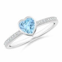 ANGARA Bezel Heart Aquamarine Promise Ring with Diamond Accents - £742.44 GBP