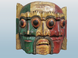 Vintage Wooden Three Face Bali Barong Devil Mask Hand Carved and Painted - £65.66 GBP