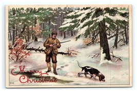 Hunting Coon Fox Hound Dog Merry Christmas Greeting Postcard Linen - £23.07 GBP