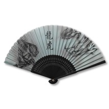 SILK HAND FAN 8&quot; Tiger and Dragon Gray Green High Quality Folding Pocket Purse - £7.82 GBP