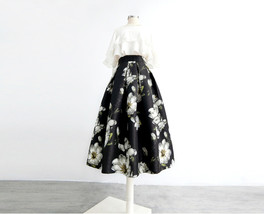 Black Floral Skirt Outfit, Womens Black Pleated Midi Skirt,Plus Size High Waist  image 2