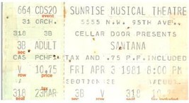 Vintage Santana Ticket Stub Avril 3 1981 Sunrise Théâtre Pieds Lauderdale Fl - £32.02 GBP