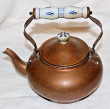 VINTAGE COPPER TEA POT WITH BLUE ON WHITE CERAMIC HANDLE &amp; KNOB ON MATCH... - $22.00