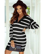 Black Striped O-ring Zip Collared Loose Sweater Mini Dress - $36.61 CAD