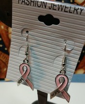 Silver Light Pink Ribbon Enamel Earrings Fish Hook Hope Ribbon Dangling 1 1/2&quot; - £11.87 GBP