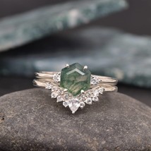 Hexagon Moss Agate Ring, Vintage 925 Sterling Silver Ring Set, Unique Agate Ring - $100.00