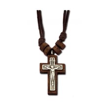 1&quot; Wooden Metal Jesus Crucifix Religious Pendant Cord Necklace Cross 2.7cm - $192.55 MXN
