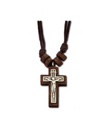 1&quot; Wooden Metal Jesus Crucifix Religious Pendant Cord Necklace Cross 2.7cm - $186.35 MXN