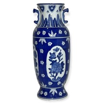 Chinese Porcelain Double Handled Blue &amp; White Vase Flowers Signed 14” - £29.85 GBP