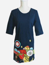 Womens Navy Blue Embroidered Artsy Eclectic Shift Dress w/ Pockets 3/4 Sleeve - $17.09