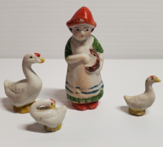 Old Vintage Japan 4 PC Lot Bisque Ceramic Porcelain Girl Feeding Ducks Farm - $11.88