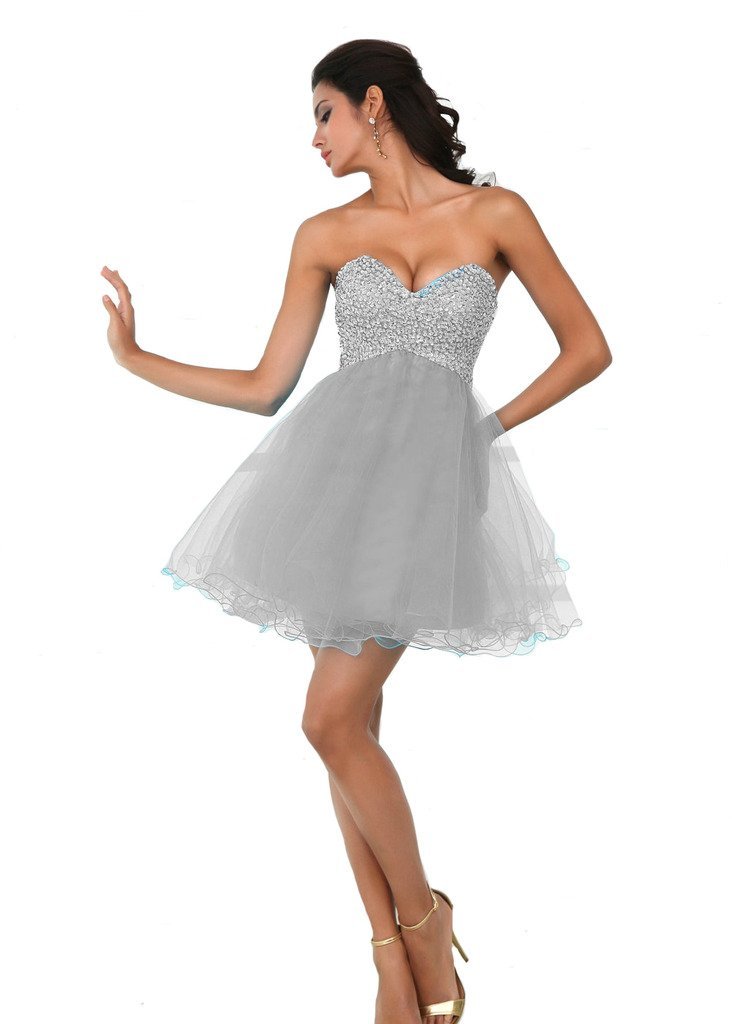Kivary Women's Sweetheart Short Tulle Beaded Prom Homecoming Dresses Silver US 1