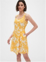 Gap Women Abstract Leaf Print Yellow Sweetheart Neck Tank Fit Flare Dress 6 Tall - £31.81 GBP