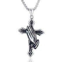 Mens Silver Praying Hands Cross Pendant Lord&#39;s Prayer Necklace Box Chain 24&quot; - £7.08 GBP