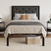 Sha Cerlin Twin Size Metal Platform Bed Frame,Fabric Upholstered, Dark Grey - $2,123.65 MXN