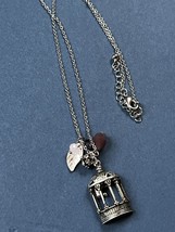 Silvertone Chain w Birdcage Pink Beads &amp; Feather Charm Pendant Necklace – chain - £11.87 GBP