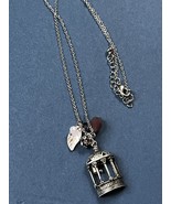 Silvertone Chain w Birdcage Pink Beads & Feather Charm Pendant Necklace – chain - £11.88 GBP