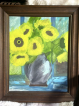 Vintage Hand Painted Sunflowers In Vase Art Painting Signed Wood Granny Core - $65.00