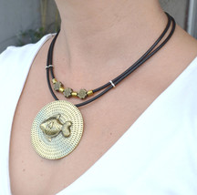 Leather necklace, large round pendant necklace, multistrand fish necklace (252) - £23.18 GBP