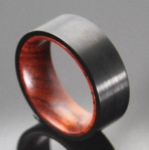 New Black Matte Tungsten Ring 8mm Width Flat Brushed Red Sandalwood Inner Set Fa - £20.78 GBP