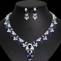 Indian Bollywood Style Silver Plated CZ Blue Sapphire Necklace Jewelry Set - £113.87 GBP