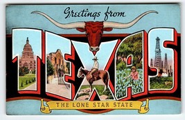 Greetings From Texa The Lone Star State Large Big Letter Postcard Linen Horns - £7.33 GBP