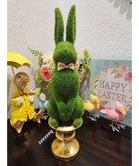 RABBIT HILL FARM Easter Faux Moss Bunny Figurine Figure Gold Bow &amp; Pedestal - £23.42 GBP