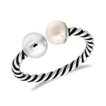 Shiny Sphere and Cultured Pearl Twisted Sterling Silver Adjustable Wrap Ring - £12.71 GBP