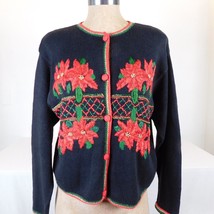 Christmas Sweater Women Size Petite Large Black Beaded Poinsettia Embroider Ugly - £9.36 GBP