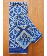 Vintage Martex Towels Of Elegance Sculpted Fringed 3 Piece Set Cotton Blue - $51.39