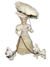 VTG &#39;50s Victorian Lady 2 Poodle Dogs Pups Chain Ceramic Figurines Arnar... - $89.99