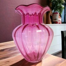 Vintage Hand Blown Ruffled Optic Ribbed 9.25&quot; Cranberry Pink Art Glass Vase - $34.65