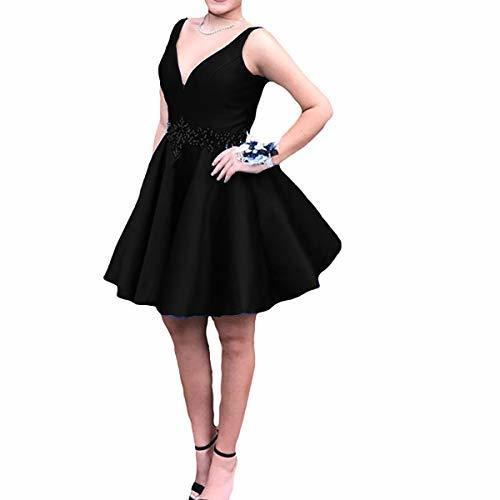 Kivary Satin V Neck Beaded Short Corset Formal Prom Homecoming Party Dress Black