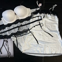 Victoria&#39;s Secret 34DD,36DD,36DDD Bra Set+Garter+M Slip Black White Lace Velvet - $188.09