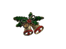 Vintage Christmas Pin Brooch Gold Tone Green Red Enamel Holly Bells 1.75&quot; Across - £9.49 GBP