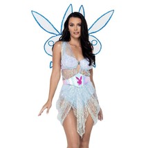 Playboy Fairy Costume Sheer Sequin Dress Draped Logo Glitter Wings Blue PB152 - £85.18 GBP