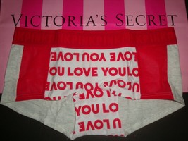 NEW VICTORIA&#39;S SECRET &quot;PINK&quot; WIDE LOGO BOYSHORT PANTY HEATHER/RED LOVE Y... - £10.16 GBP