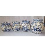 Studio Pottery hand painted blue white bunny Rabbit signed 4 canisters w... - £196.58 GBP