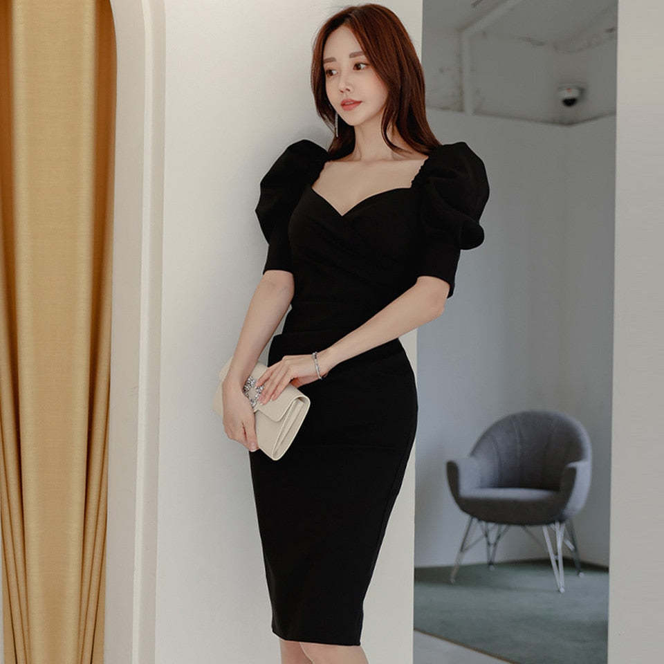 Simple V-Neck Puff Sleeve High Waist Tight Elegant Party Dress Item image 5