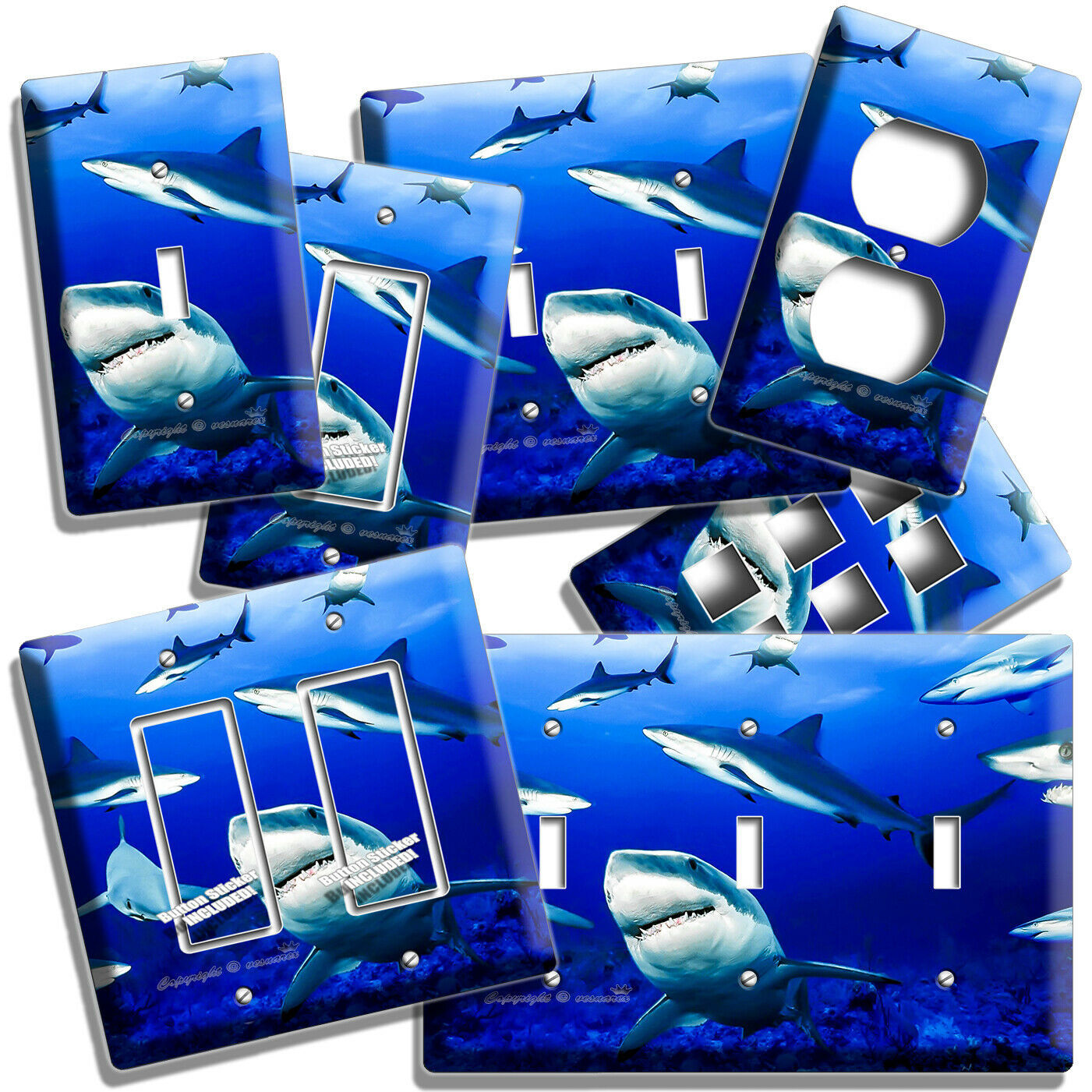 SWARM OF GREAT WHITE SHARKS BLUE OCEAN LIGHT SWITCH OUTLET PLATES SEA ROOM DECOR