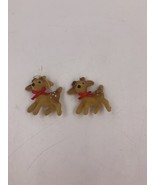 Vintage Felt Covered Reindeer Mini Christmas Ornaments Spots Bows Set Of 2 - $15.90