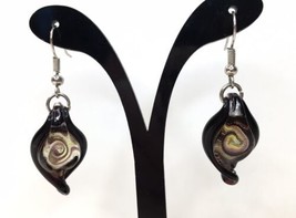 Art Glass Dangle Drop Earrings Black Purple &amp; Yellow - £10.18 GBP