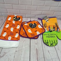 Halloween Ghost &amp; Gnomes Kitchen 4pc Set - Towel, Pot Holders, Oven Mitt... - €10,66 EUR