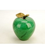 Polished Stone Apple Paperweight, Dark Green Marble Pattern, Golden Bras... - $29.35