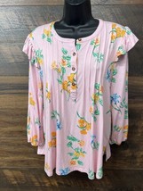 Crown &amp; Ivy Top Shirt Women Size Large Pink Floral Ruffle Long Sleeve Buttons - £14.39 GBP