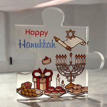 Happy Hanukkah Acrylic Puzzle Piece Plaque wFestive Dreidel, Menorah, Sc... - $16.14 CAD