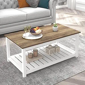 Farmhouse Coffee Table With Storage Shelf, Rustic Vintage Wood Cocktail ... - $238.99