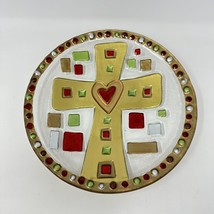 Lori Siebert Silvestri Fused Glass Plate Folk Art Cross 2006 Gold Red 11&quot; - $26.68