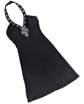 Morgan &amp; Co. Black Halter Rhinestone Embellished Open Back Cocktail Dress Sz 1/2 - £17.89 GBP